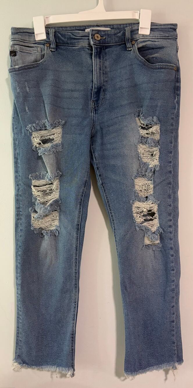 Kancan Distressed Jeans Size 30 Medium Wash Raw Hem Straight Leg Denim